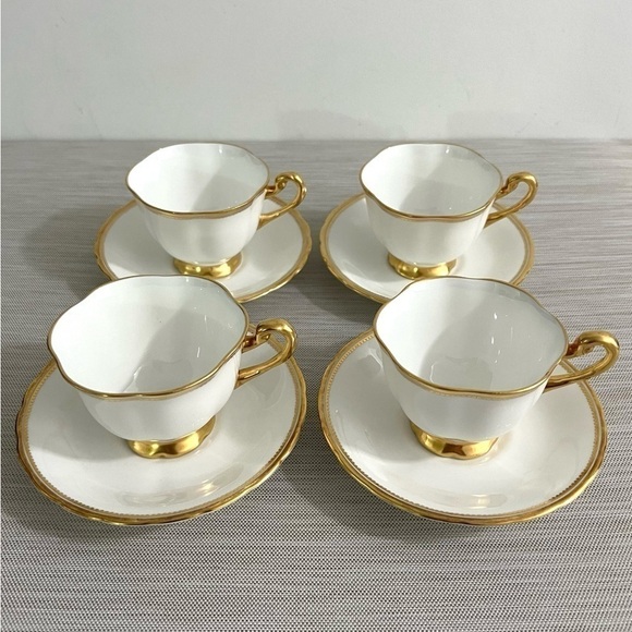 VTG 4 Sets Royal Chelsea English Bone China Gold & White Teacups & Saucers #648A - Picture 1 of 5